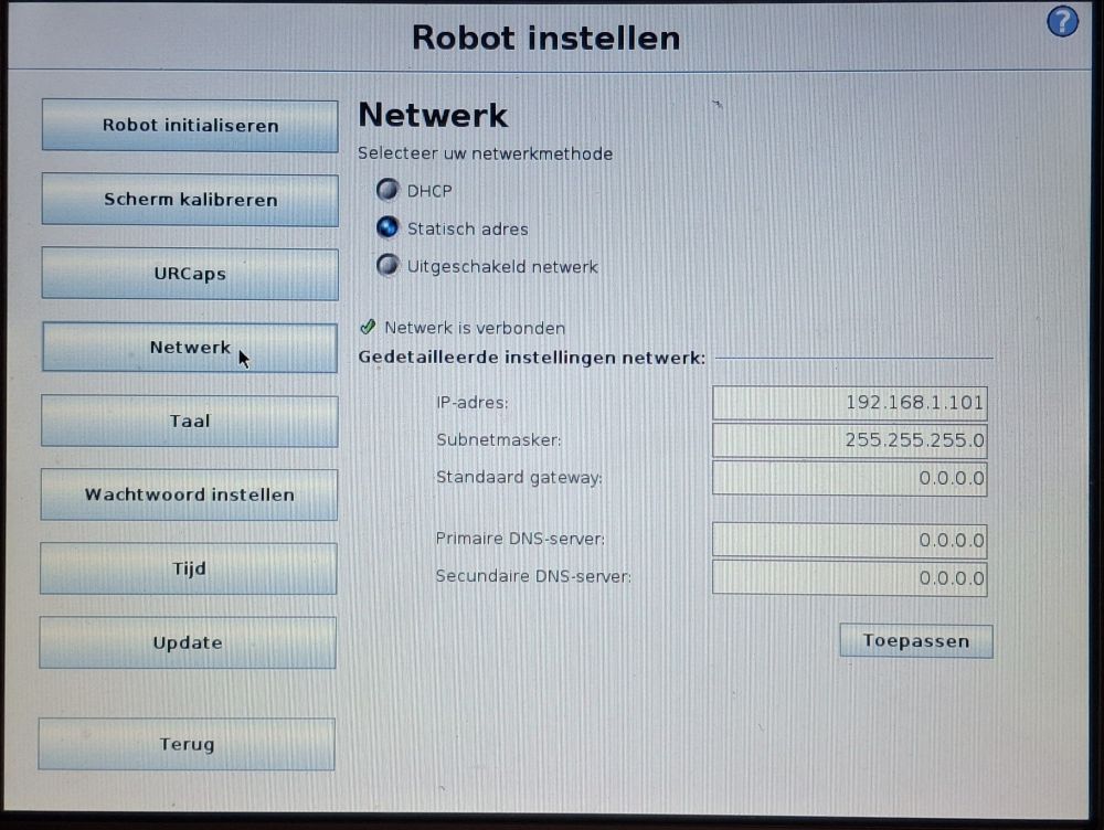 Screenshot van het UR-robot netwerkconfiguratiescherm